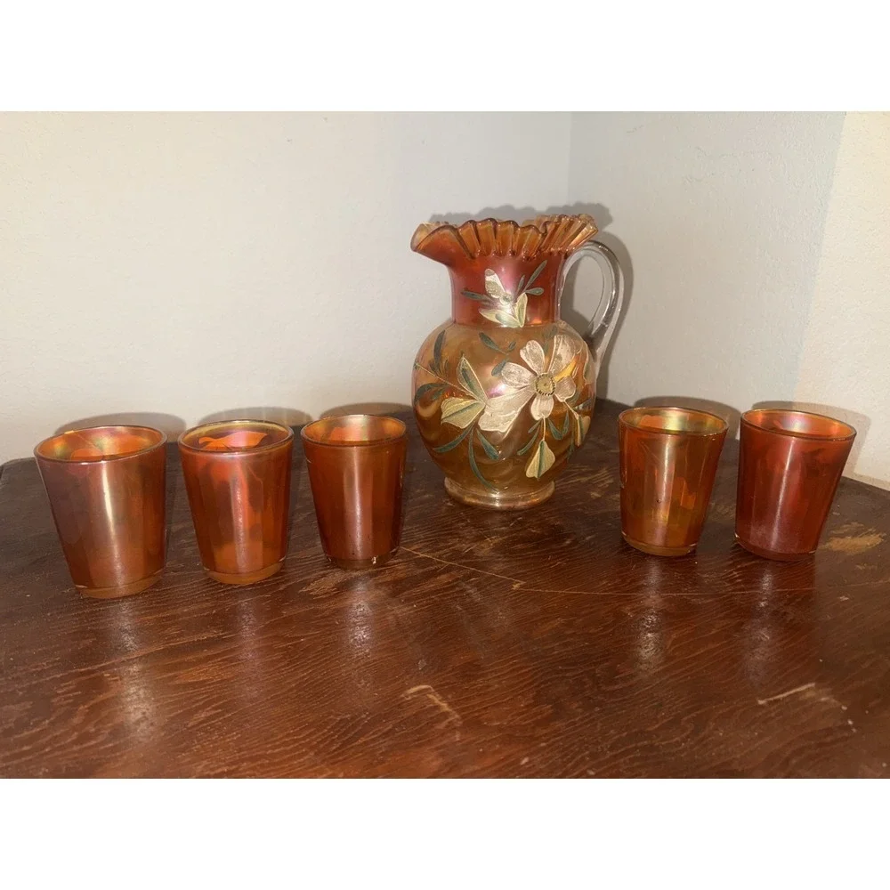 Fenton Marigold Carnival Glass Lotus Water Pitcher and 5 Glasses Set Vintage